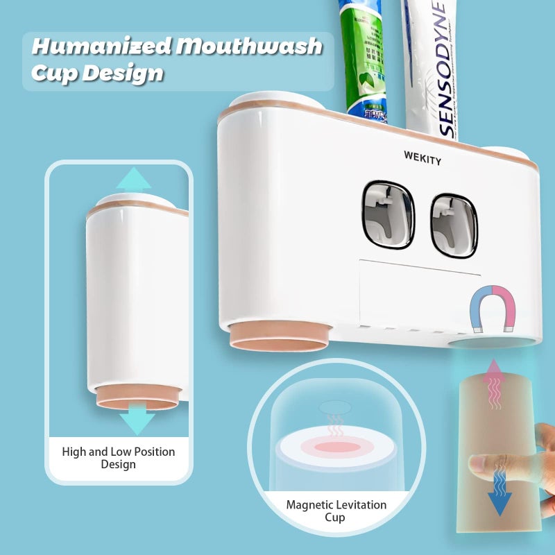 Wekity Toothbrush Holder Wall Mounted  WEKITY Multi-Functional Toothbrush and Toothpaste Dispenser for Bathroom  with 5 Toothbrush Slots  2 Toothpaste Squeezers and 4 Cups(Pink) - Image 4